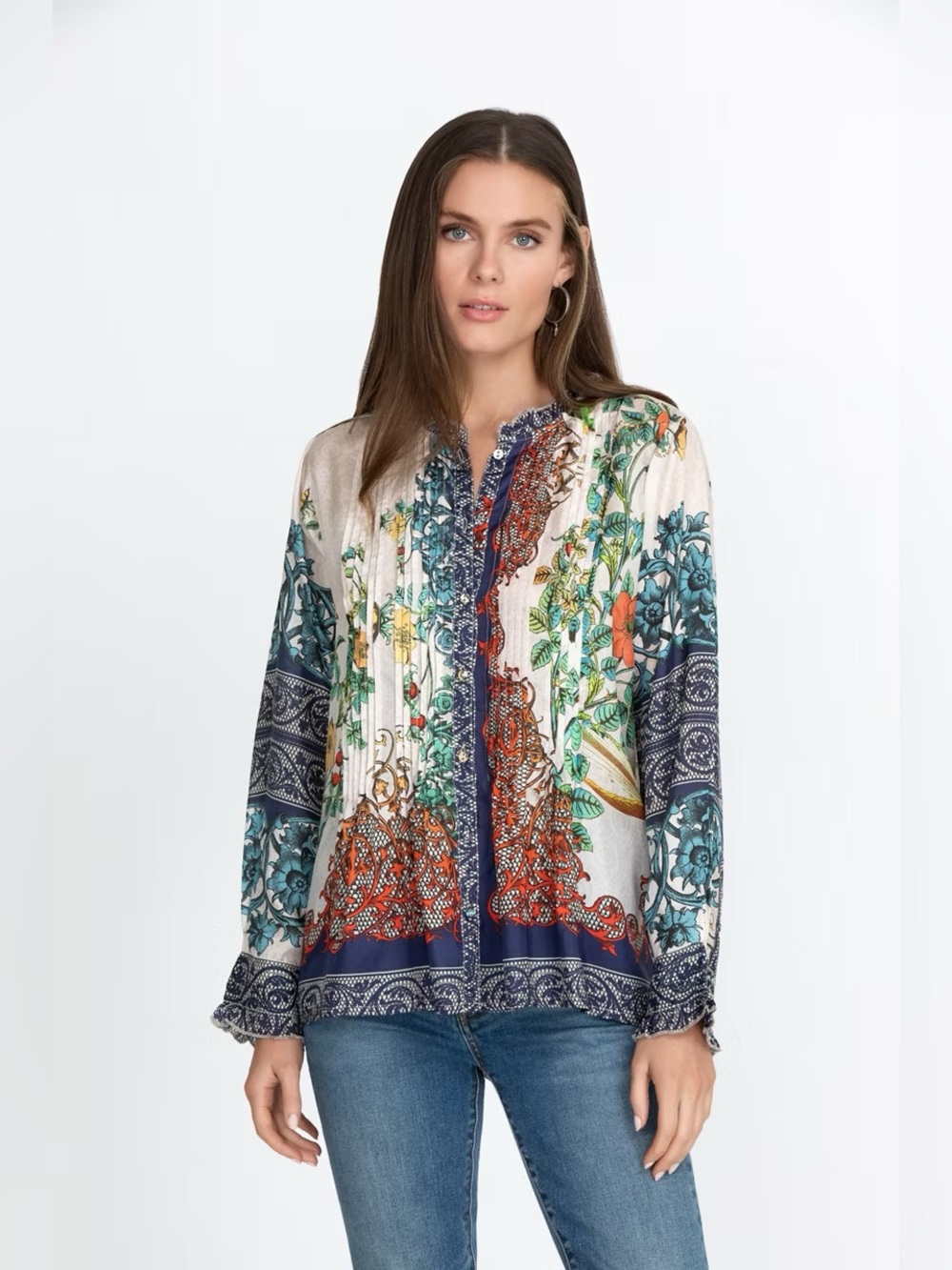 Johnny Was Lace Evette 100% Silk Blouse Floral Pintuck Tunic Top Plus Size 2X